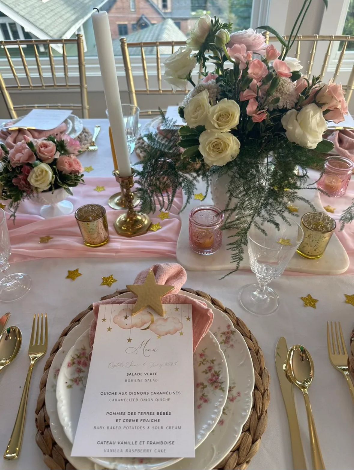 Pink gold party table setup